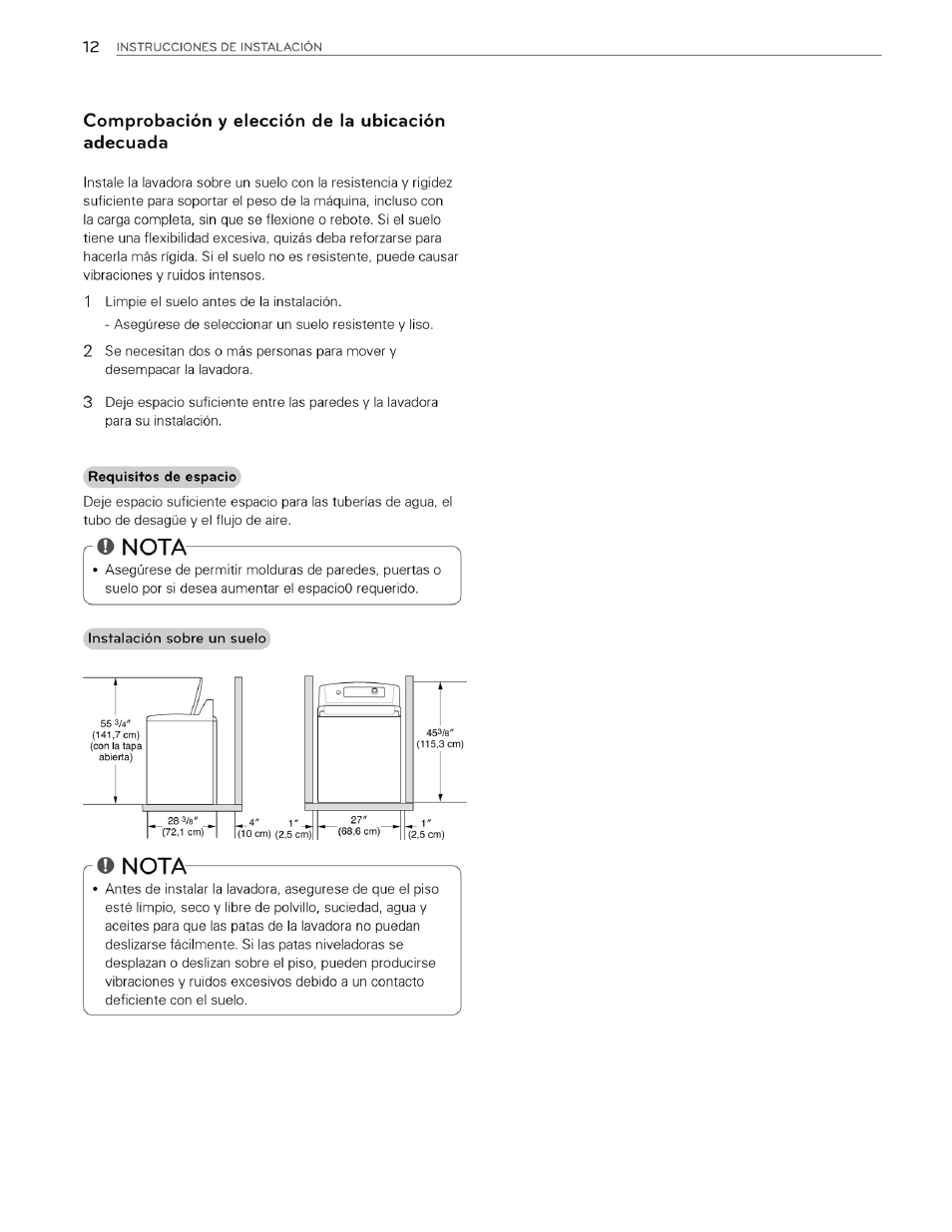 Comprobación y elección de la ubicación adecuada, O nota, Nota | LG WT4970CW User Manual | Page 50 / 76