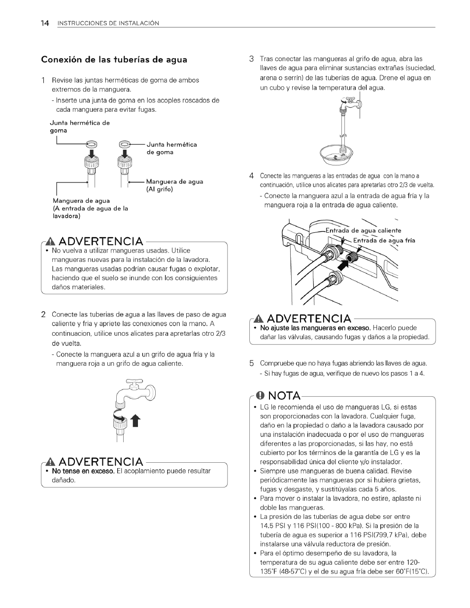 Conexión de las tuberías de agua, Advertencia, Nota | LG WT4970CW User Manual | Page 52 / 76