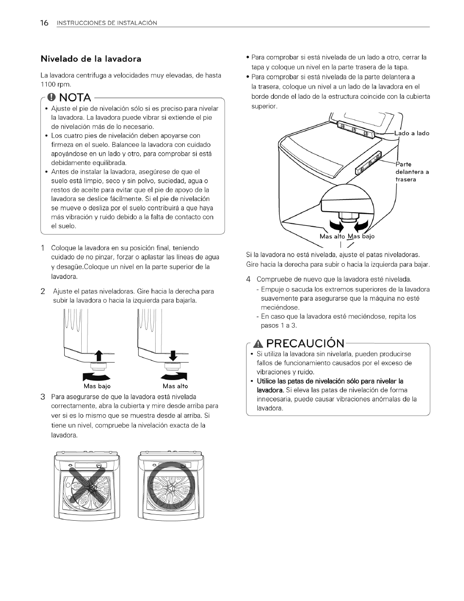 R a precaución, O nota, Precaución | Nivelado de la lavadora | LG WT4970CW User Manual | Page 54 / 76