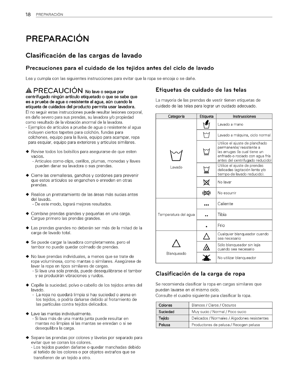Preparacion, Clasificación de la carga de ropa, Clasificación de las cargas de lavado | Precaucion | LG WT4970CW User Manual | Page 56 / 76