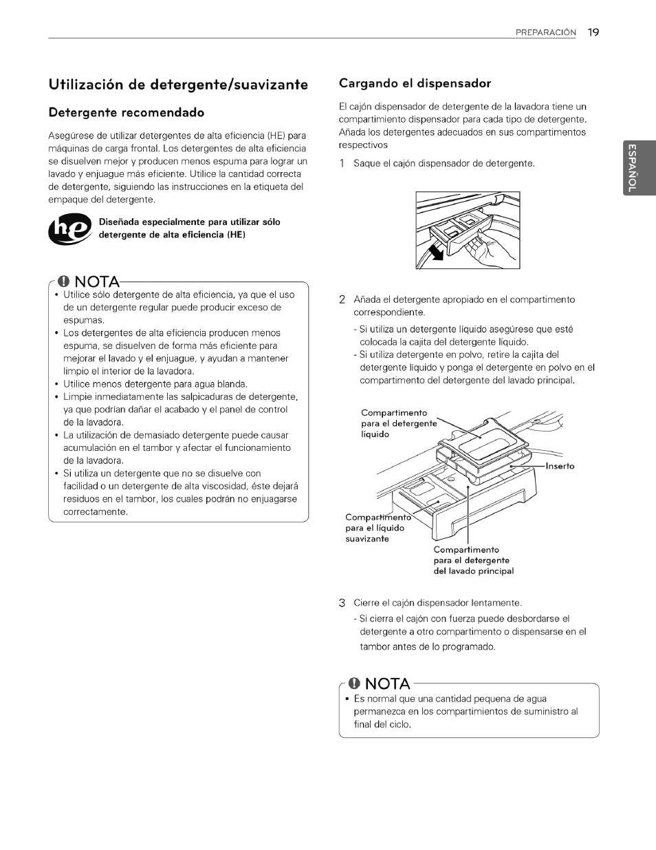 Utilización de detergente/suavizante, Detergente recomendado, Ro nota | Cargando el dispensador, O nota | LG WT4970CW User Manual | Page 57 / 76