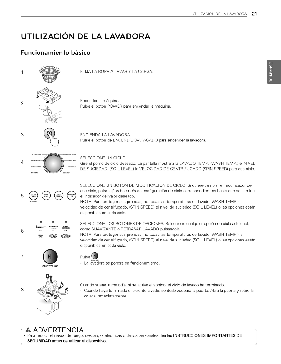 Utilizacion de la lavadora, Funcionamiento básico, A advertencia | Advertencia | LG WT4970CW User Manual | Page 59 / 76