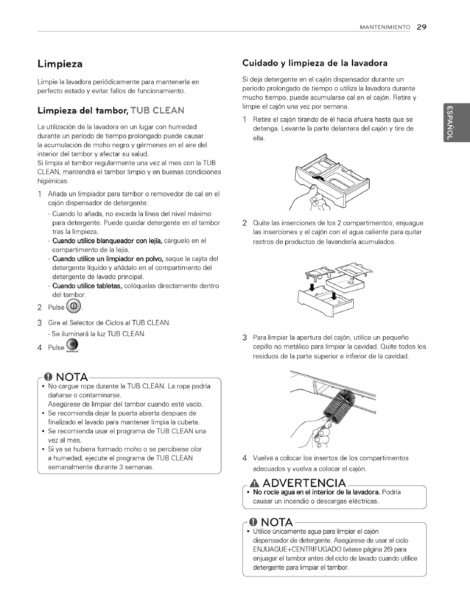 Limpieza, Limpieza del tambor, tub clean, Cuidado y limpieza de la lavadora | O nota, A advertencia, Advertencia | LG WT4970CW User Manual | Page 67 / 76