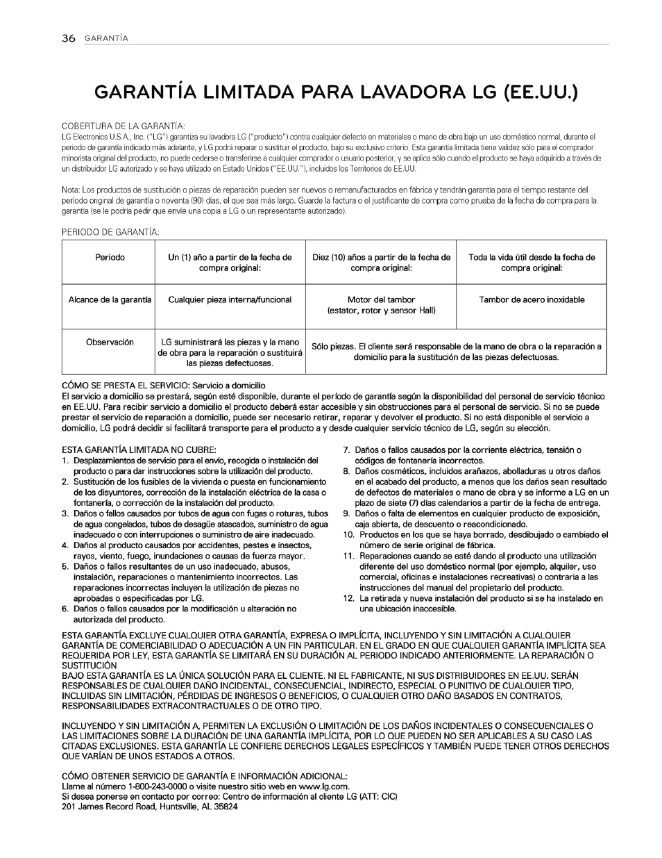 Garantía limitada para lavadora lg (ee.uu.) | LG WT4970CW User Manual | Page 74 / 76