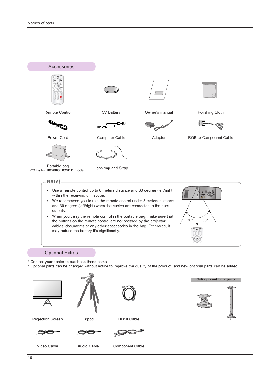 Accessories, Optional extras | LG HS201 User Manual | Page 10 / 44