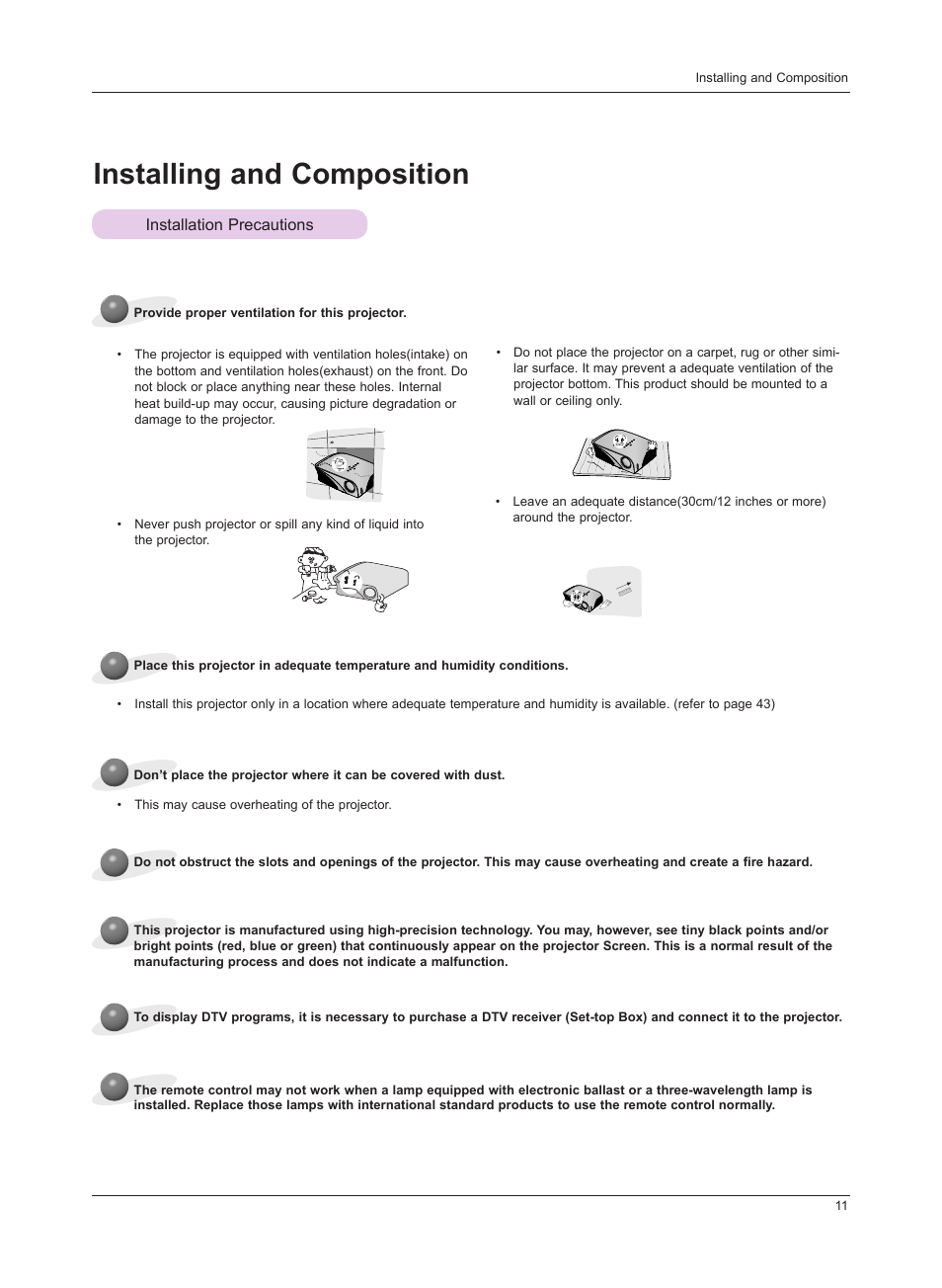 Installing and composition, Installation precautions | LG HS201 User Manual | Page 11 / 44