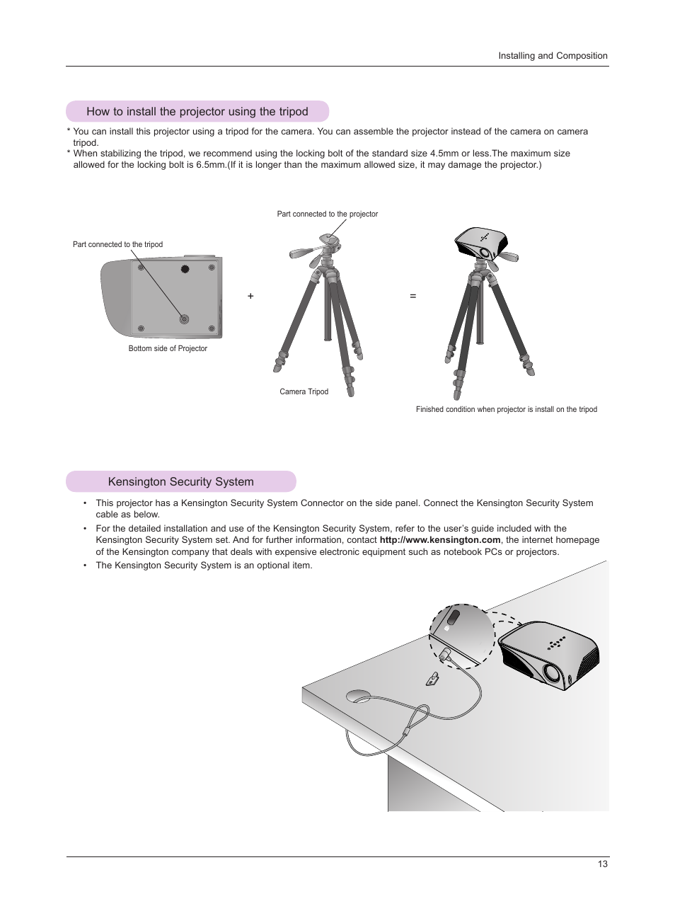 How to install the projector using the tripod, Kensington security system | LG HS201 User Manual | Page 13 / 44