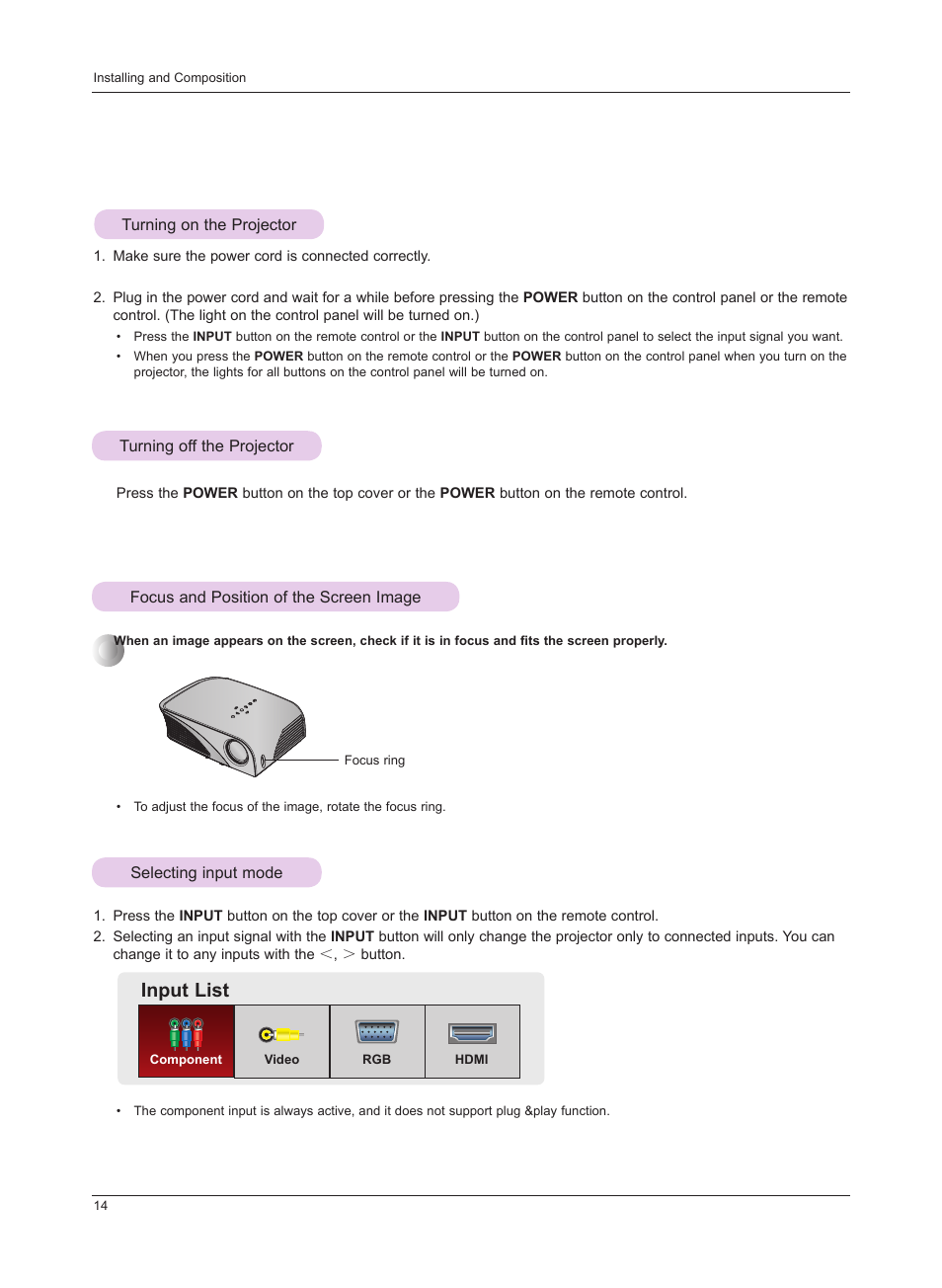 Turning on the projector, Turning off the projector, Focus and position of the screen image | Selecting input mode, Input list | LG HS201 User Manual | Page 14 / 44