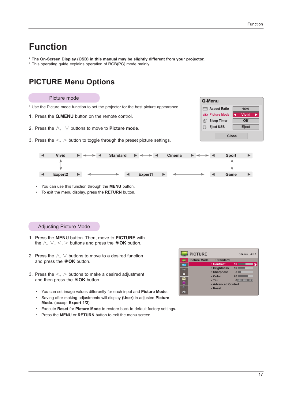 Function, Picture menu options, Picture mode | Adjusting picture mode | LG HS201 User Manual | Page 17 / 44