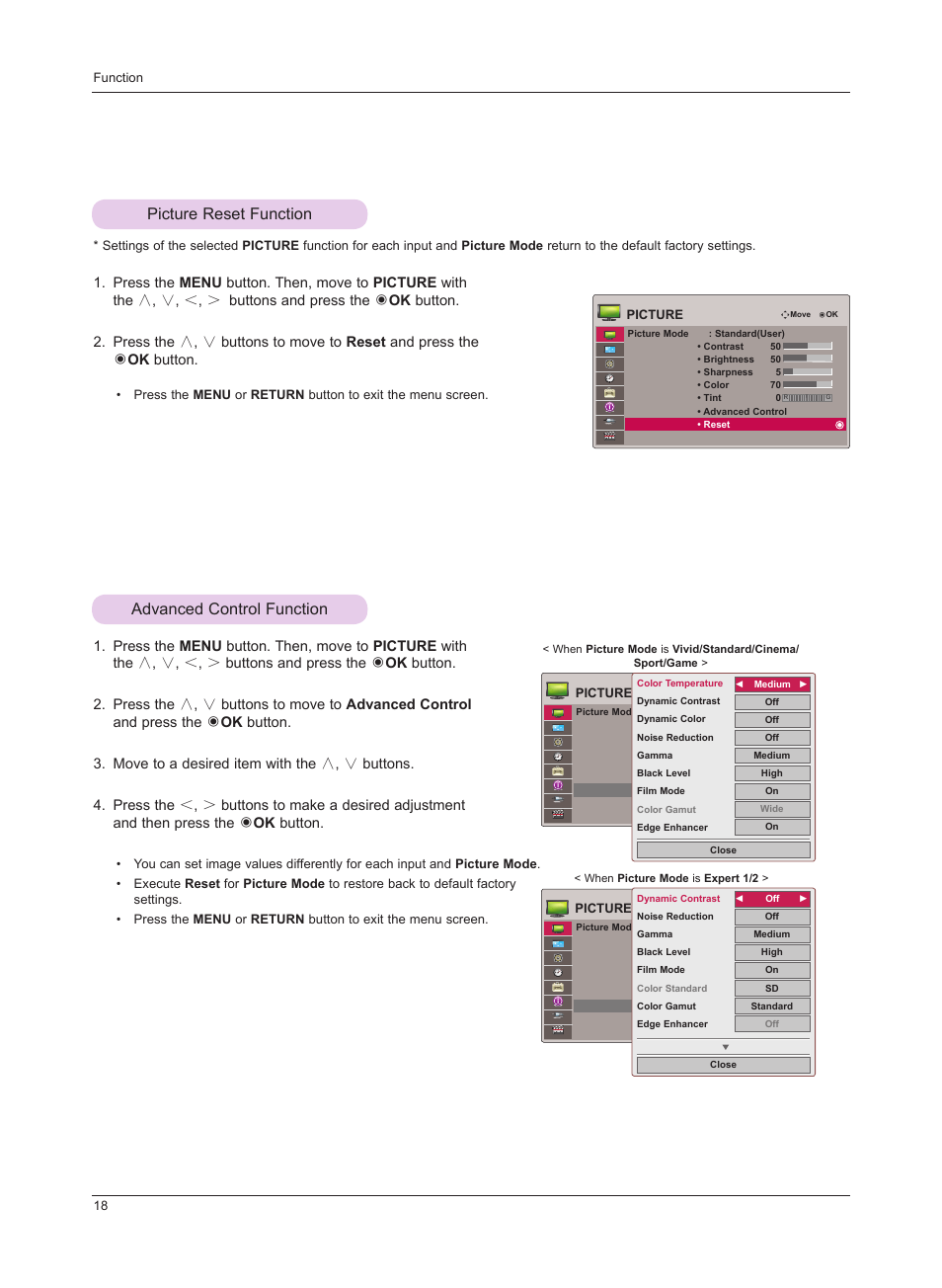 Picture reset function, Advanced control function | LG HS201 User Manual | Page 18 / 44