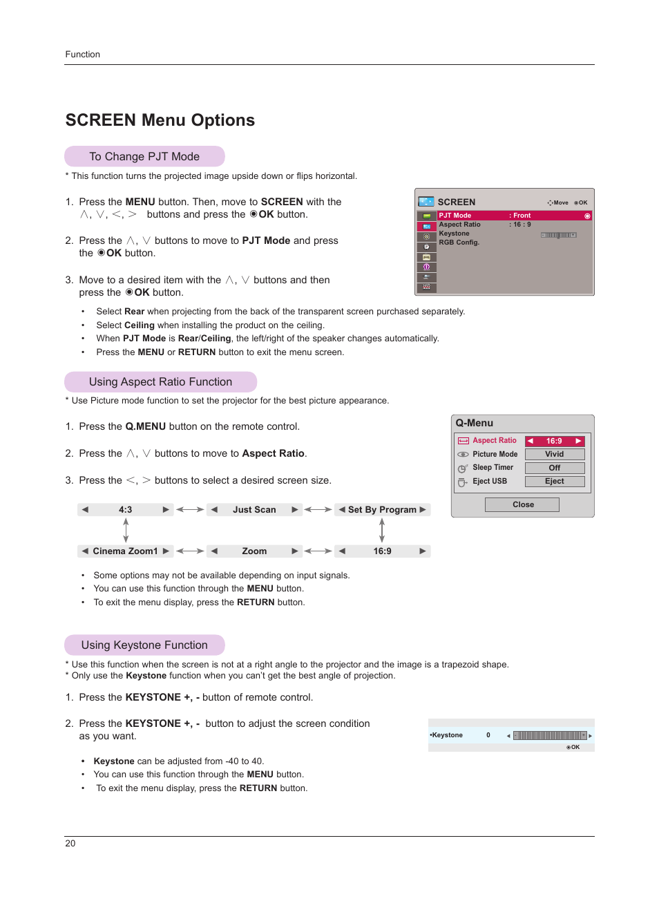 Screen menu options, To change pjt mode, Using aspect ratio function | Using keystone function | LG HS201 User Manual | Page 20 / 44