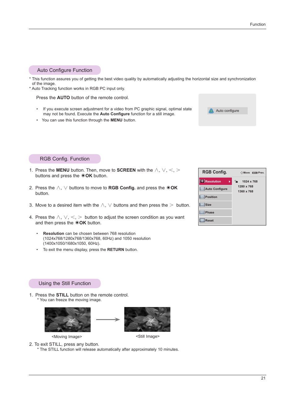 Auto configure function, Rgb config. function, Using the still function | LG HS201 User Manual | Page 21 / 44