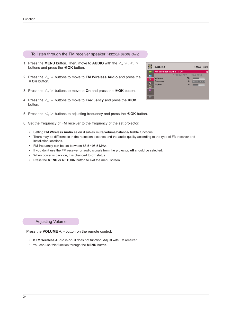 Adjusting volume, To listen through the fm receiver speaker, Hs200/hs200g only) | LG HS201 User Manual | Page 24 / 44