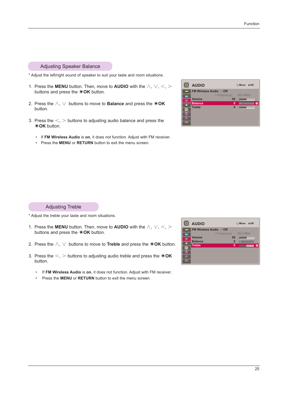 Adjusting speaker balance, Adjusting treble, Adjusting speaker balance adjusting treble | LG HS201 User Manual | Page 25 / 44
