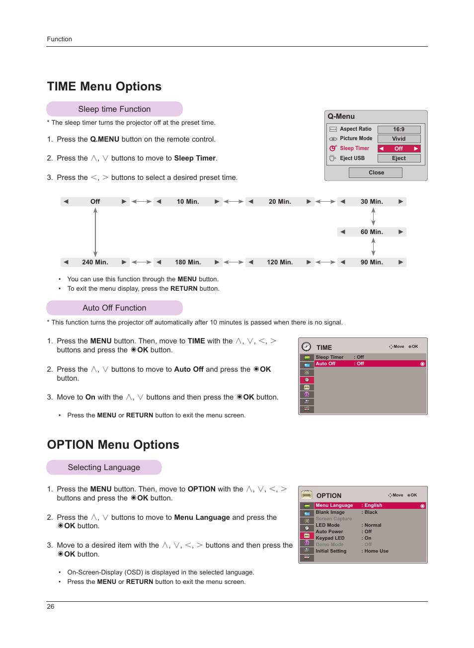 Time menu options, Sleep time function, Auto off function | Option menu options, Selecting language, Sleep time function auto off function | LG HS201 User Manual | Page 26 / 44