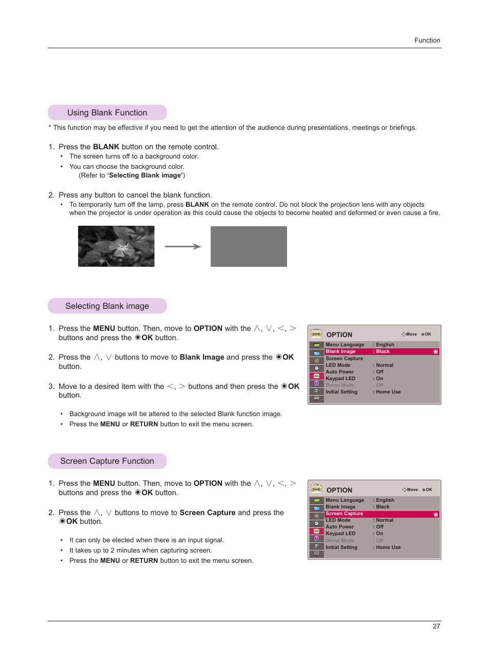 Using blank function, Selecting blank image, Screen capture function | LG HS201 User Manual | Page 27 / 44