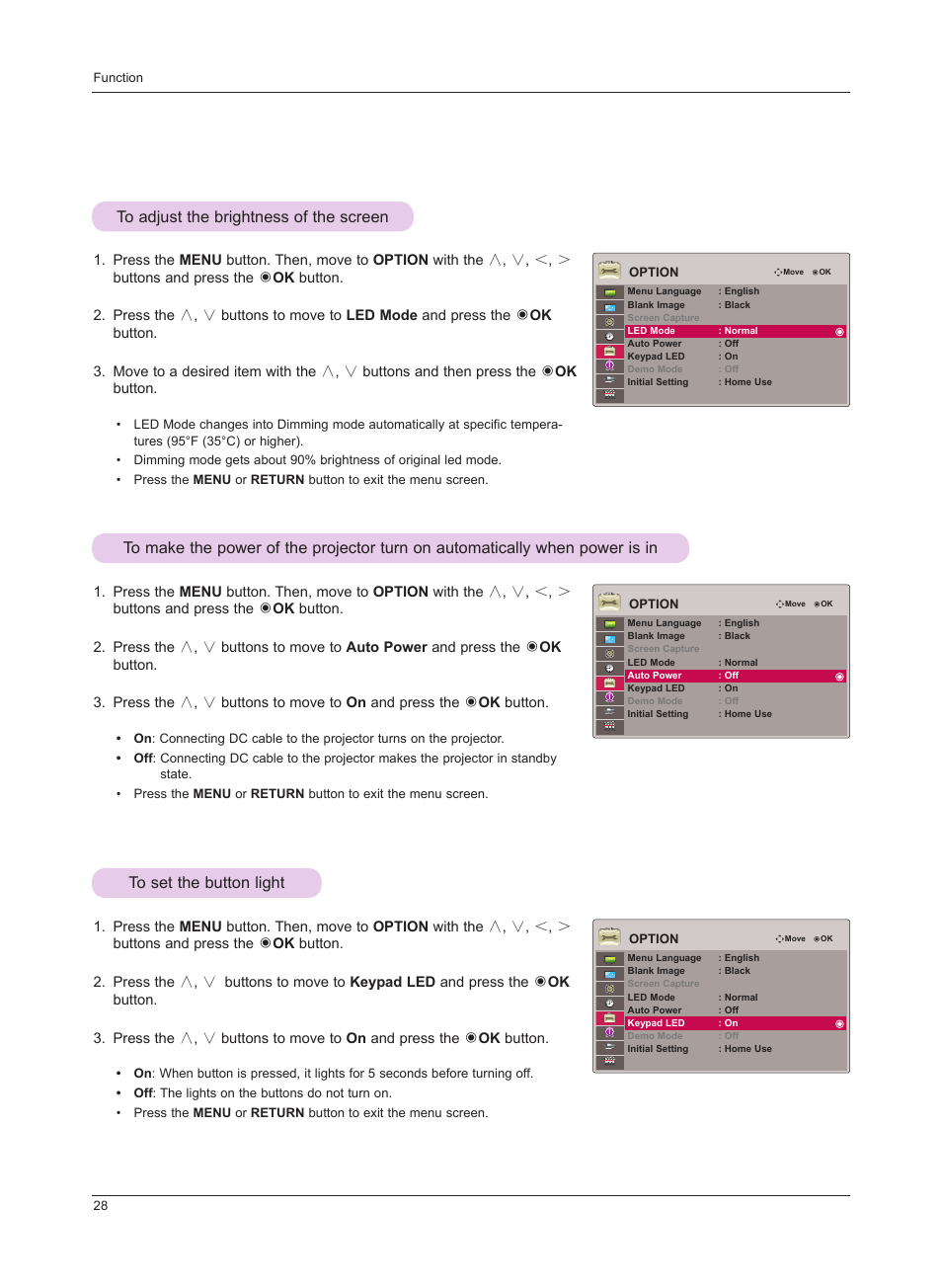 To adjust the brightness of the screen, To set the button light, Power is in | LG HS201 User Manual | Page 28 / 44