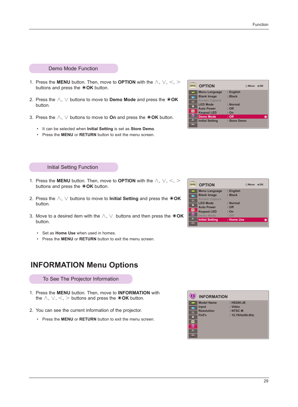 Demo mode function, Initial setting function, Information menu options | To see the projector information, Initial setting function information menu options, Demo mode function initial setting function | LG HS201 User Manual | Page 29 / 44