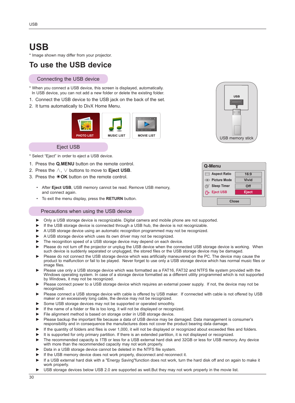 To use the usb device, Connecting the usb device, Eject usb | Precautions when using the usb device | LG HS201 User Manual | Page 30 / 44