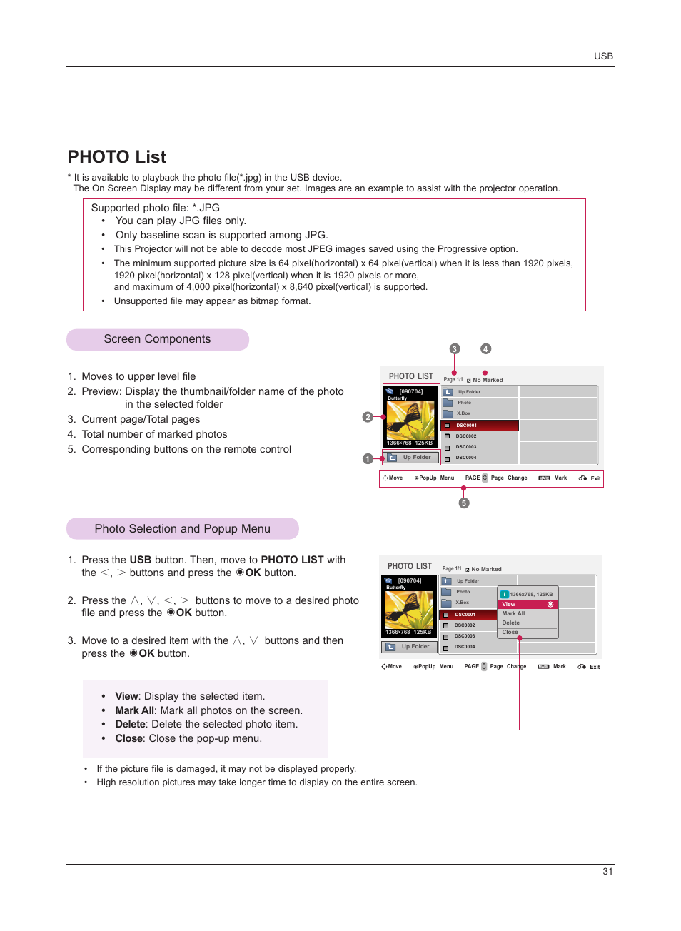 Photo list, Screen components, Photo selection and popup menu | Screen components photo selection and popup menu | LG HS201 User Manual | Page 31 / 44