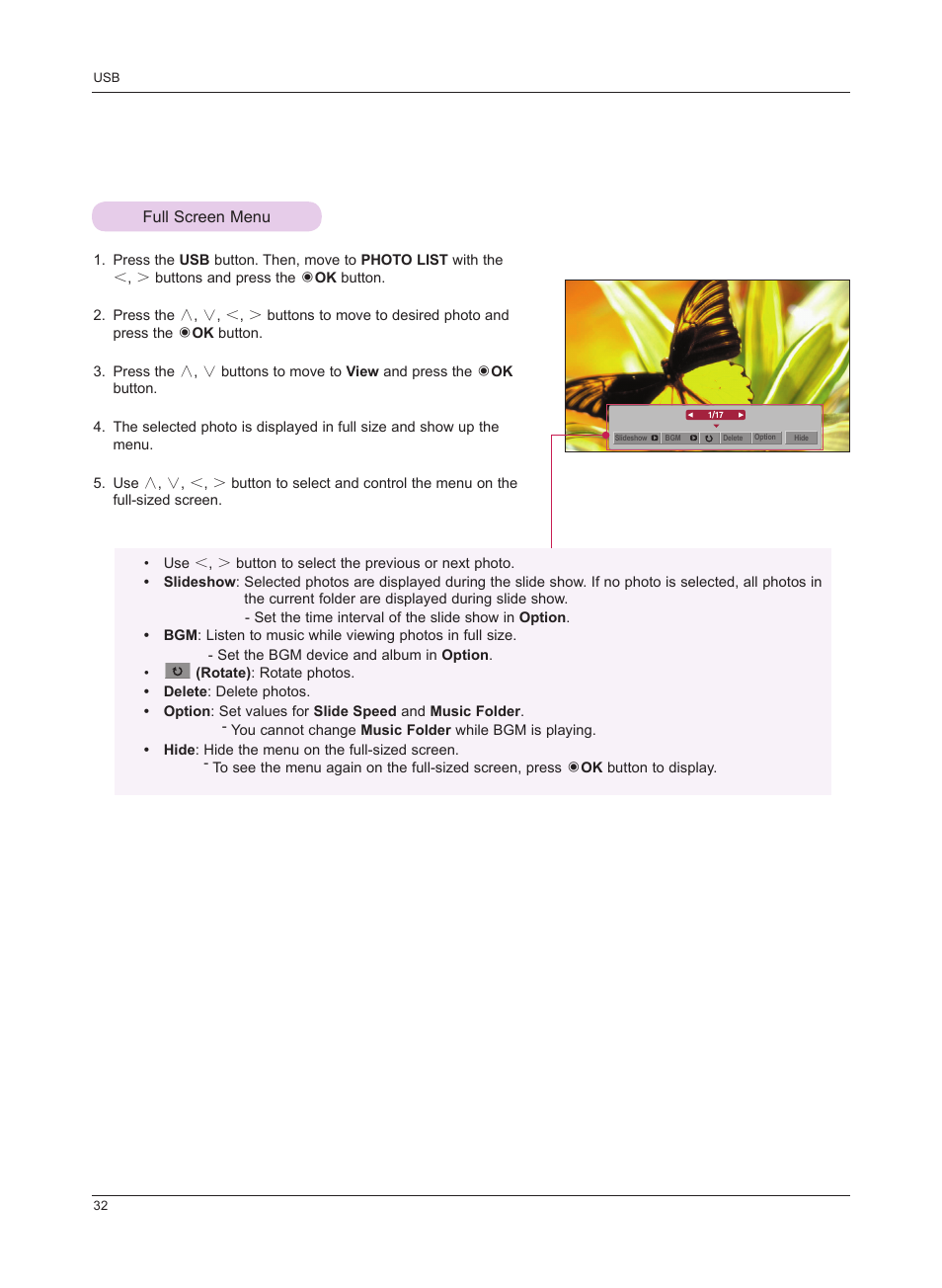 Full screen menu | LG HS201 User Manual | Page 32 / 44