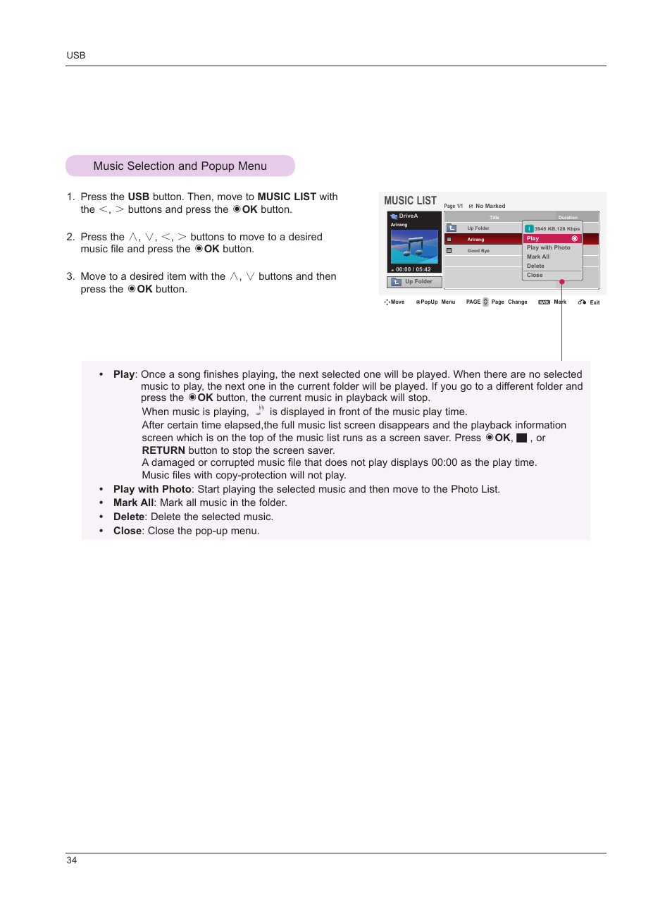 Music selection and popup menu, Music list | LG HS201 User Manual | Page 34 / 44