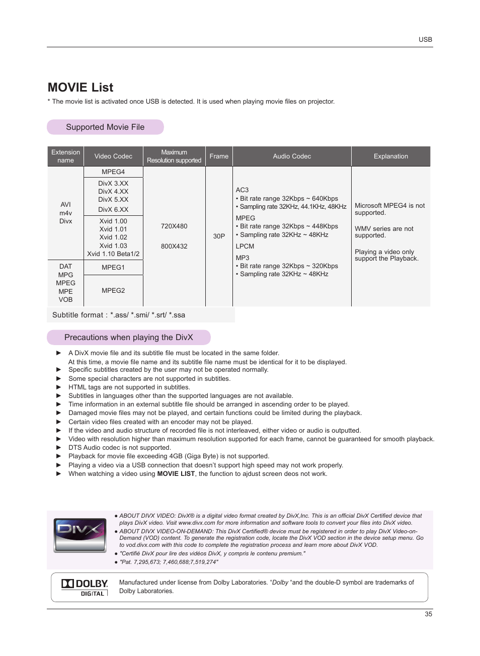 Movie list, Supported movie file, Precautions when playing the divx | LG HS201 User Manual | Page 35 / 44