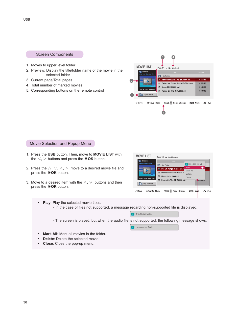 Screen components, Movie selection and popup menu, Movie selection and popup menu screen components | LG HS201 User Manual | Page 36 / 44