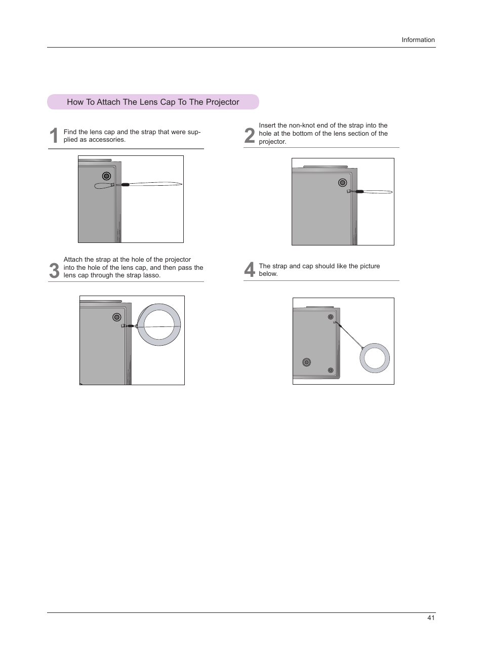 How to attach the lens cap to the projector | LG HS201 User Manual | Page 41 / 44