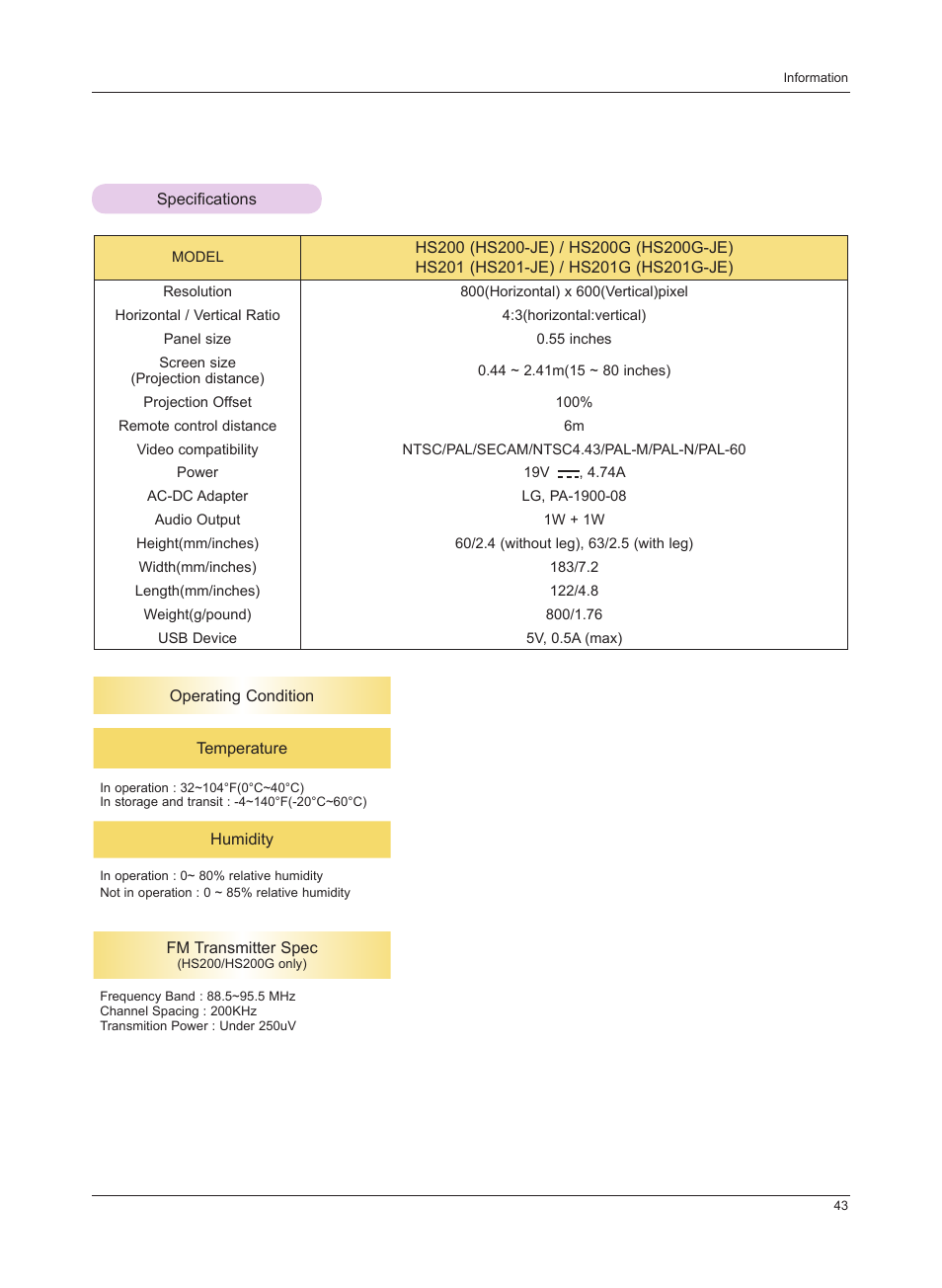 Specifications | LG HS201 User Manual | Page 43 / 44