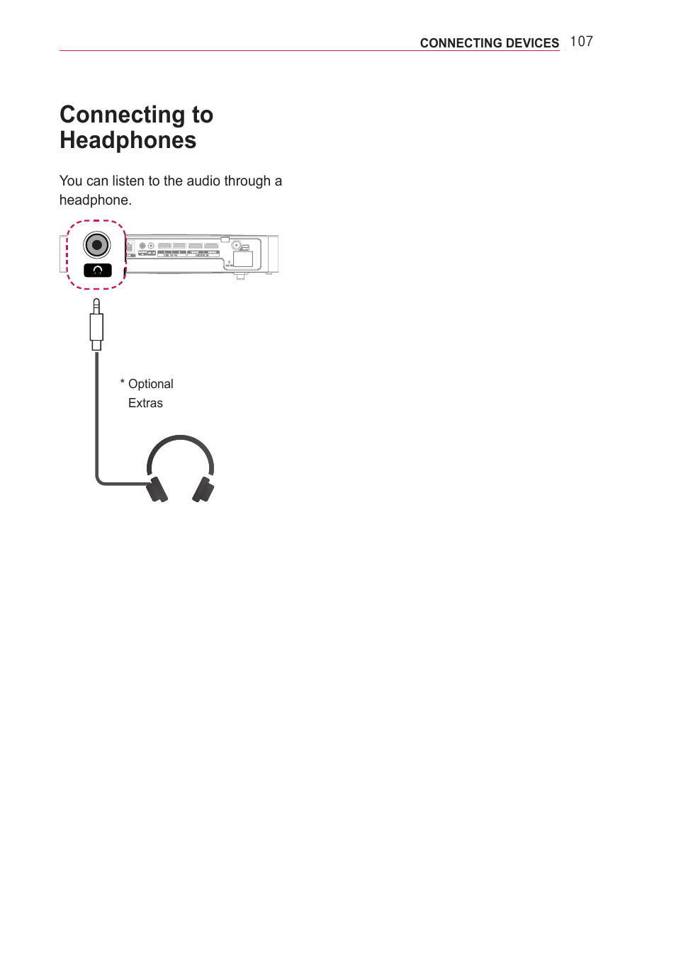 Connecting to headphones | LG PF85U User Manual | Page 107 / 120