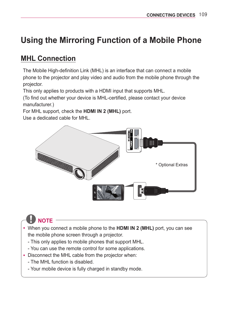 Using the mirroring function of a mobile phone, Mhl connection, Using the mirroring function of a mobile | Phone | LG PF85U User Manual | Page 109 / 120