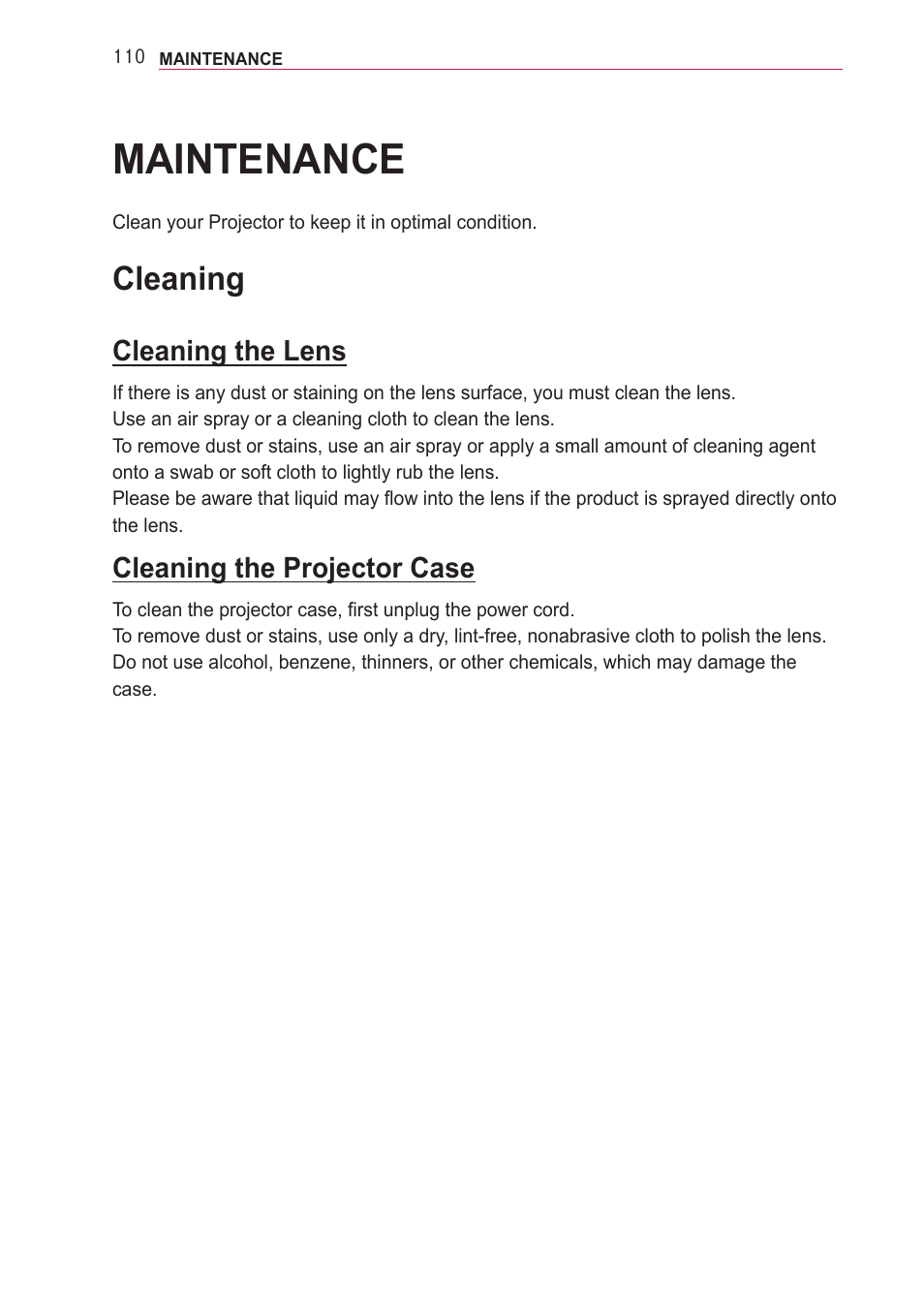 Maintenance, Cleaning, Cleaning the lens | Cleaning the projector case | LG PF85U User Manual | Page 110 / 120
