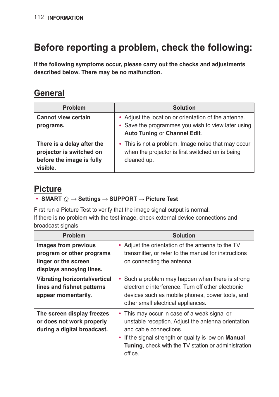 Before reporting a problem, check the following, General, Picture | Before reporting a problem, check the, Following | LG PF85U User Manual | Page 112 / 120