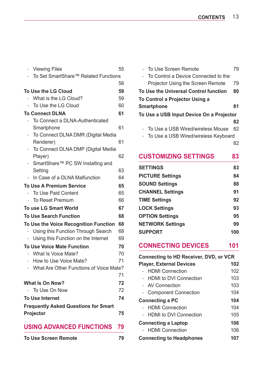 Using advanced functions 79, Customizing settings 83, Connecting devices 101 | LG PF85U User Manual | Page 13 / 120