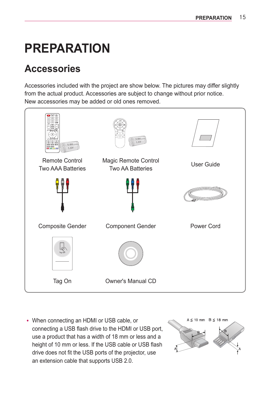 Preparation, Accessories | LG PF85U User Manual | Page 15 / 120