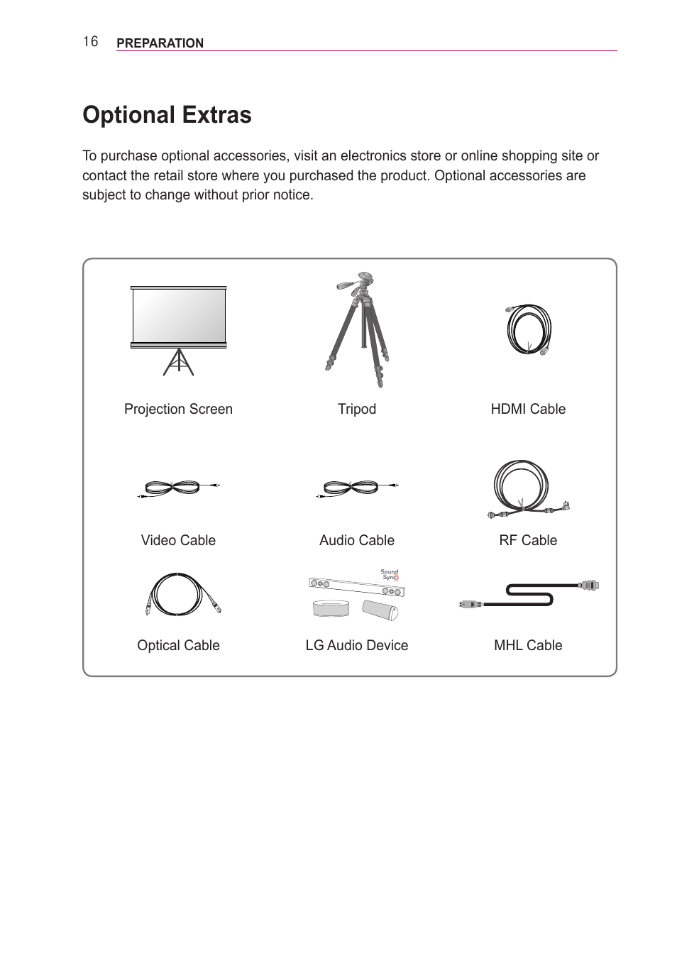 Optional extras | LG PF85U User Manual | Page 16 / 120