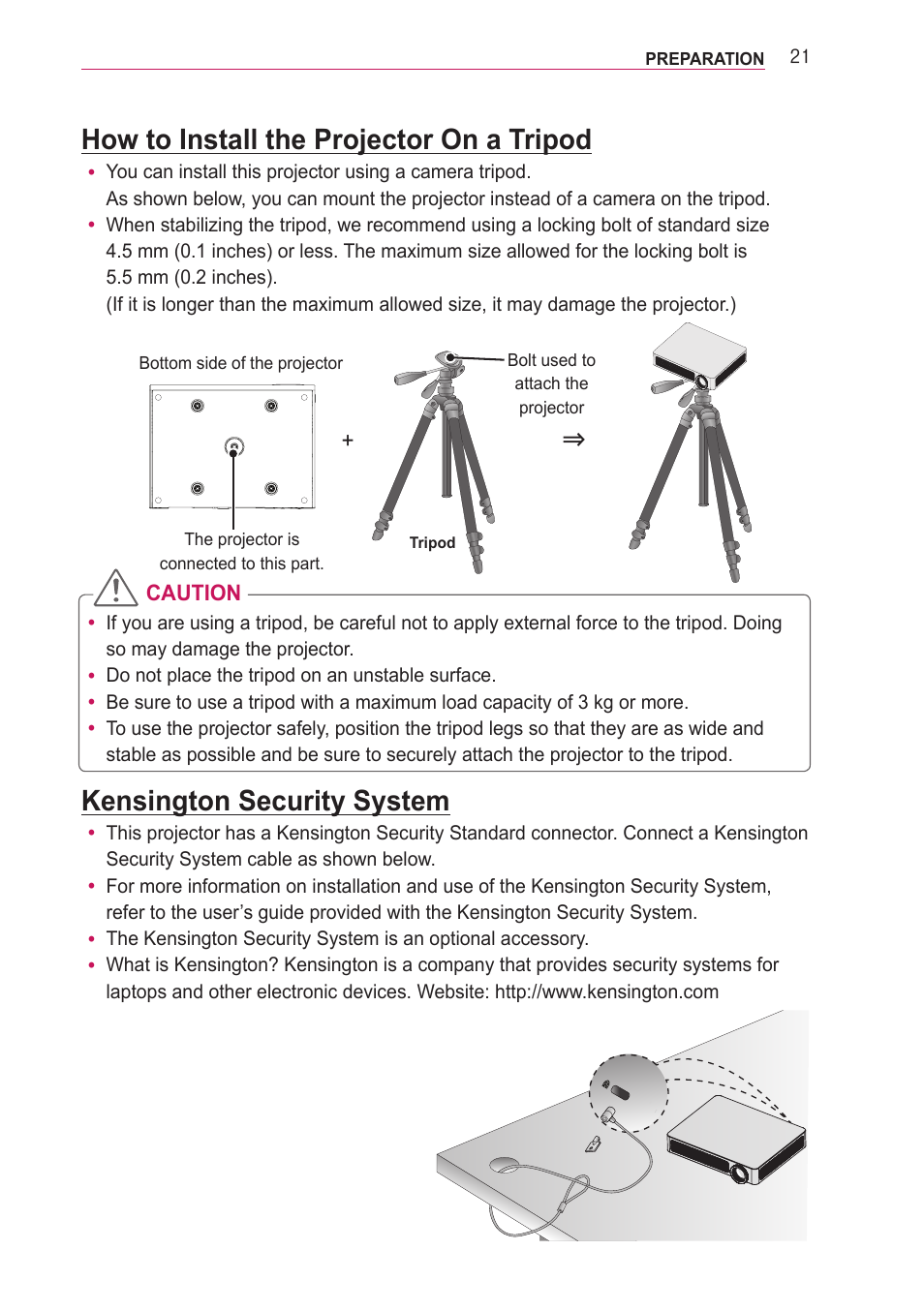 How to install the projector on a tripod, Kensington security system | LG PF85U User Manual | Page 21 / 120