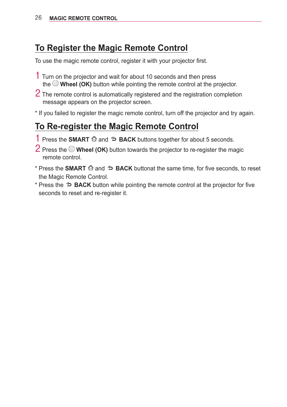 To register the magic remote control, To re-register the magic remote control, To register the magic remote control 26 | Press the smart, Back buttons together for about 5 seconds | LG PF85U User Manual | Page 26 / 120