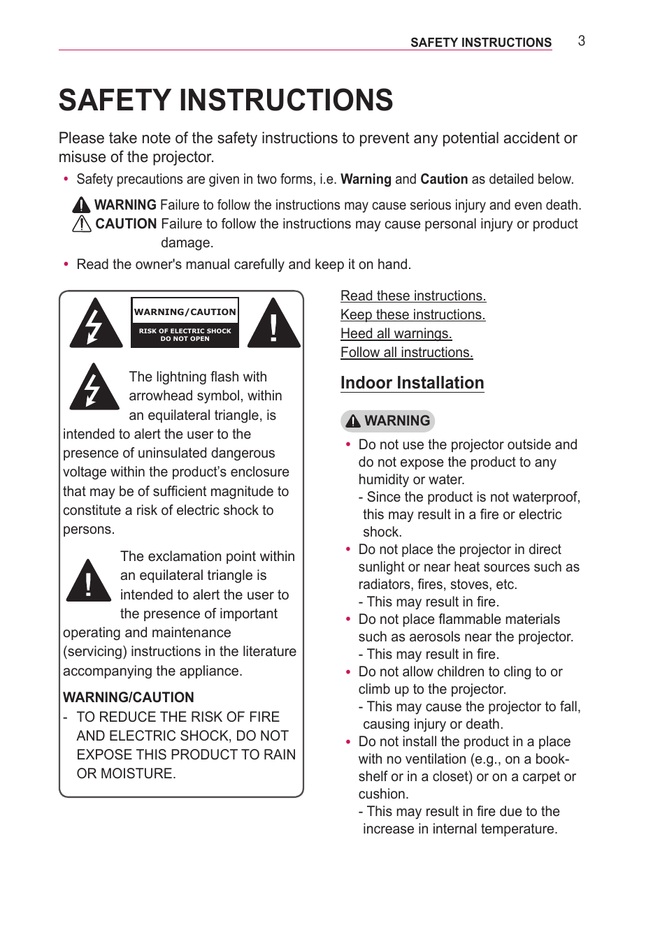 Safety instructions, Indoor installation | LG PF85U User Manual | Page 3 / 120