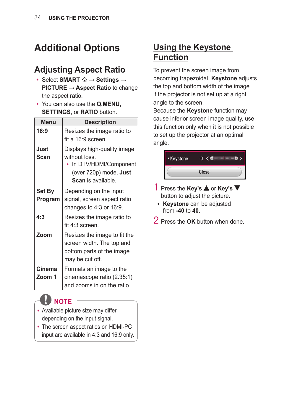 Additional options, Adjusting aspect ratio, Using the keystone function | LG PF85U User Manual | Page 34 / 120