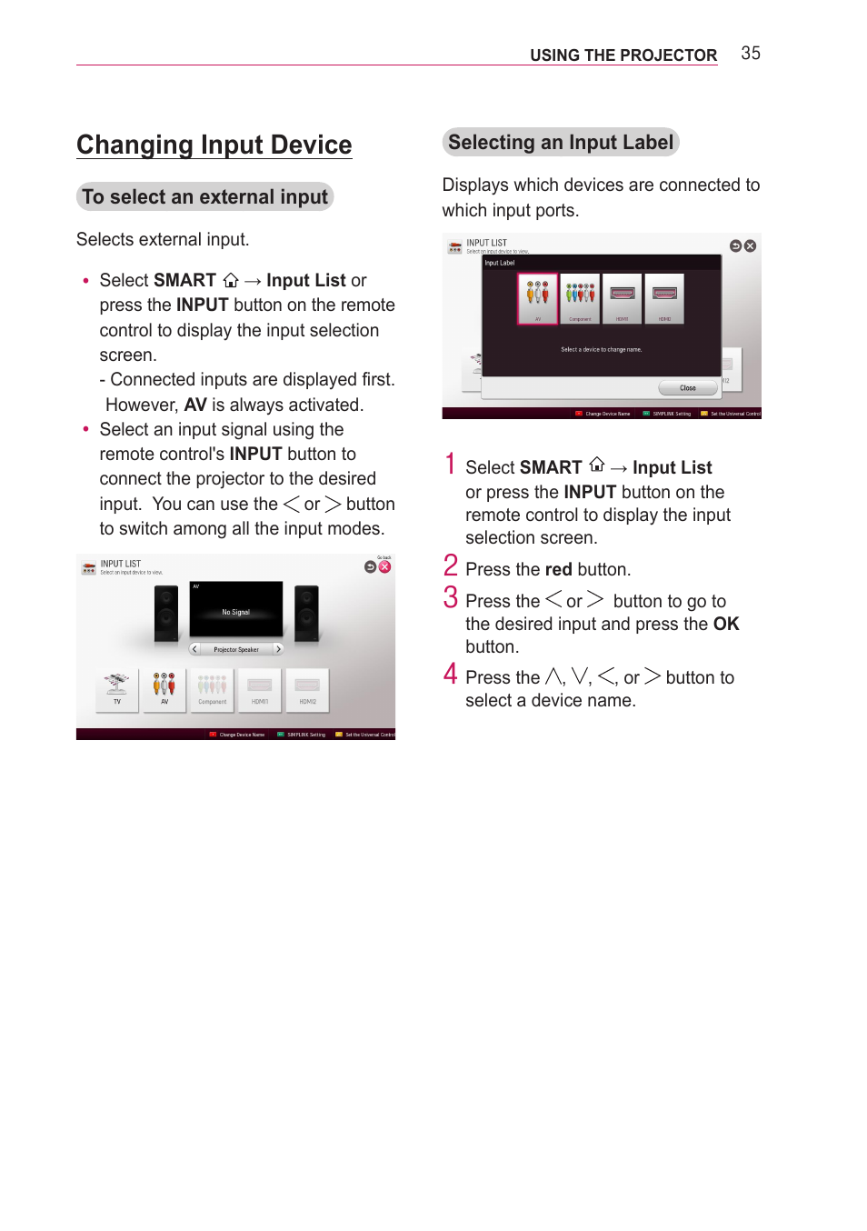 Changing input device, Selecting an input label | LG PF85U User Manual | Page 35 / 120