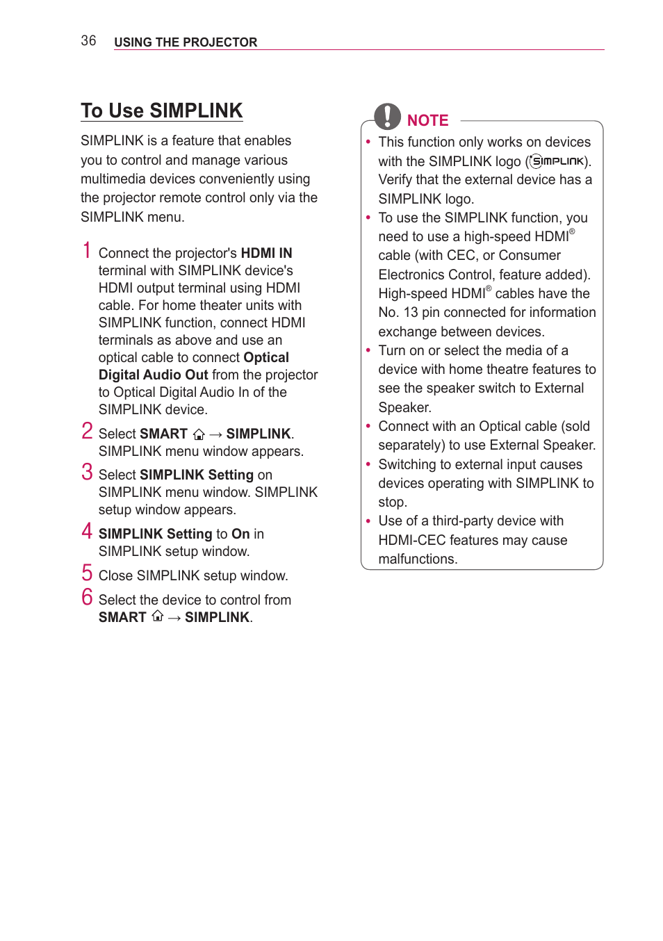 To use simplink | LG PF85U User Manual | Page 36 / 120