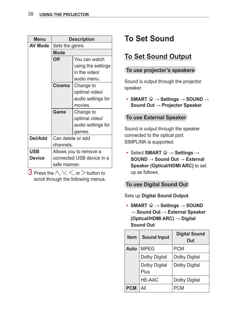 To set sound, To set sound output | LG PF85U User Manual | Page 38 / 120