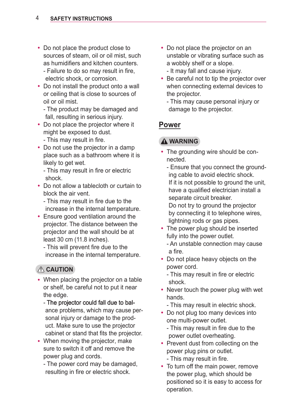 Power | LG PF85U User Manual | Page 4 / 120