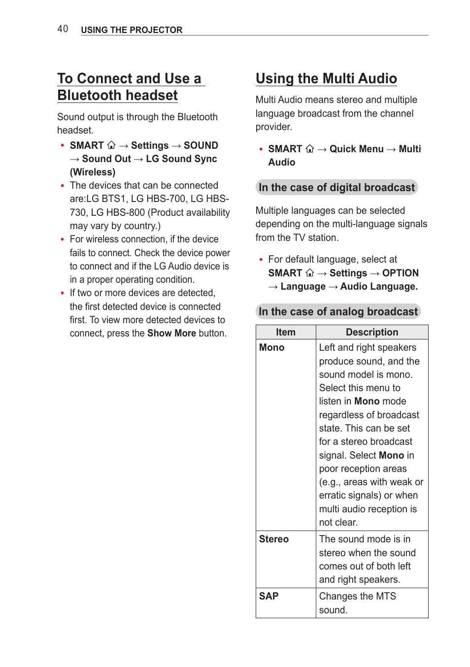 To connect and use a bluetooth headset, Using the multi audio | LG PF85U User Manual | Page 40 / 120