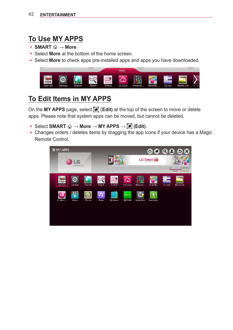 To use my apps, To edit items in my apps | LG PF85U User Manual | Page 42 / 120