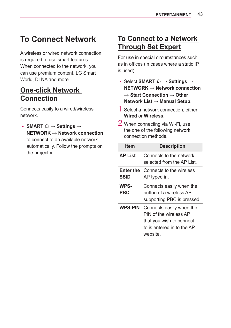 To connect network, One-click network connection, To connect to a network through set expert | To connect to a network through set, Expert | LG PF85U User Manual | Page 43 / 120