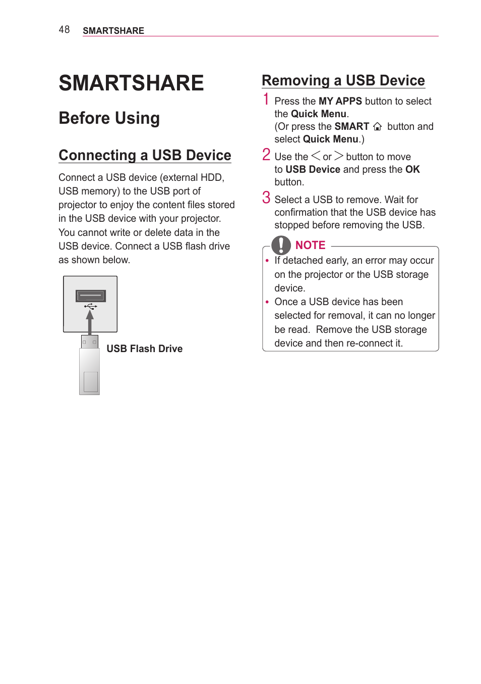 Smartshare, Before using, Connecting a usb device | Removing a usb device | LG PF85U User Manual | Page 48 / 120