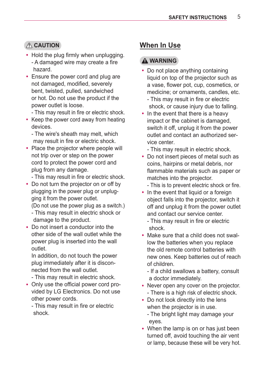 When in use | LG PF85U User Manual | Page 5 / 120